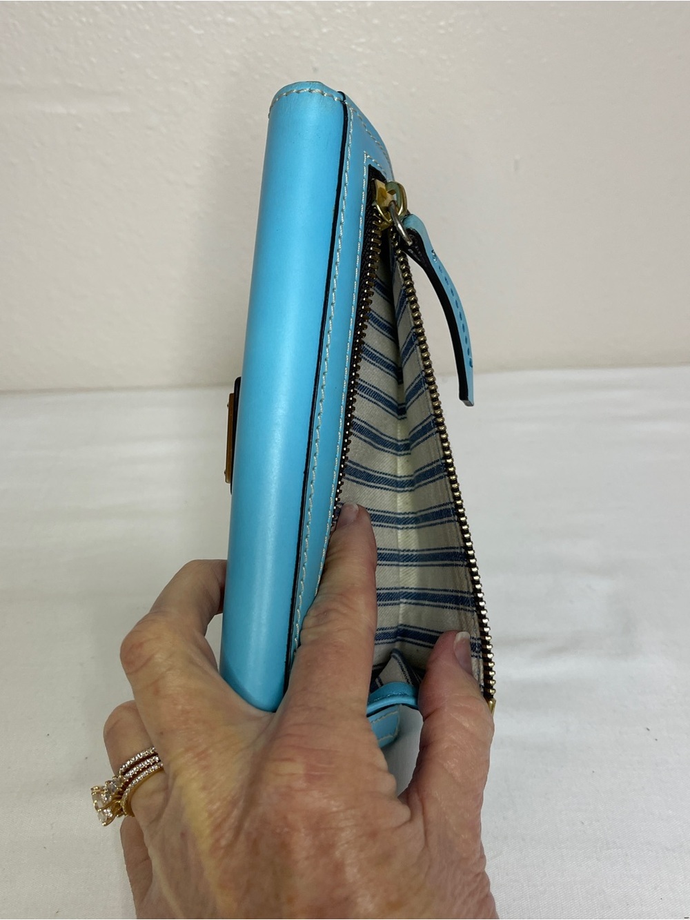 Dooney & Bourke Turquoise Leather Fold-Over Wallet with Gold Plaque - Picture 14 of 14